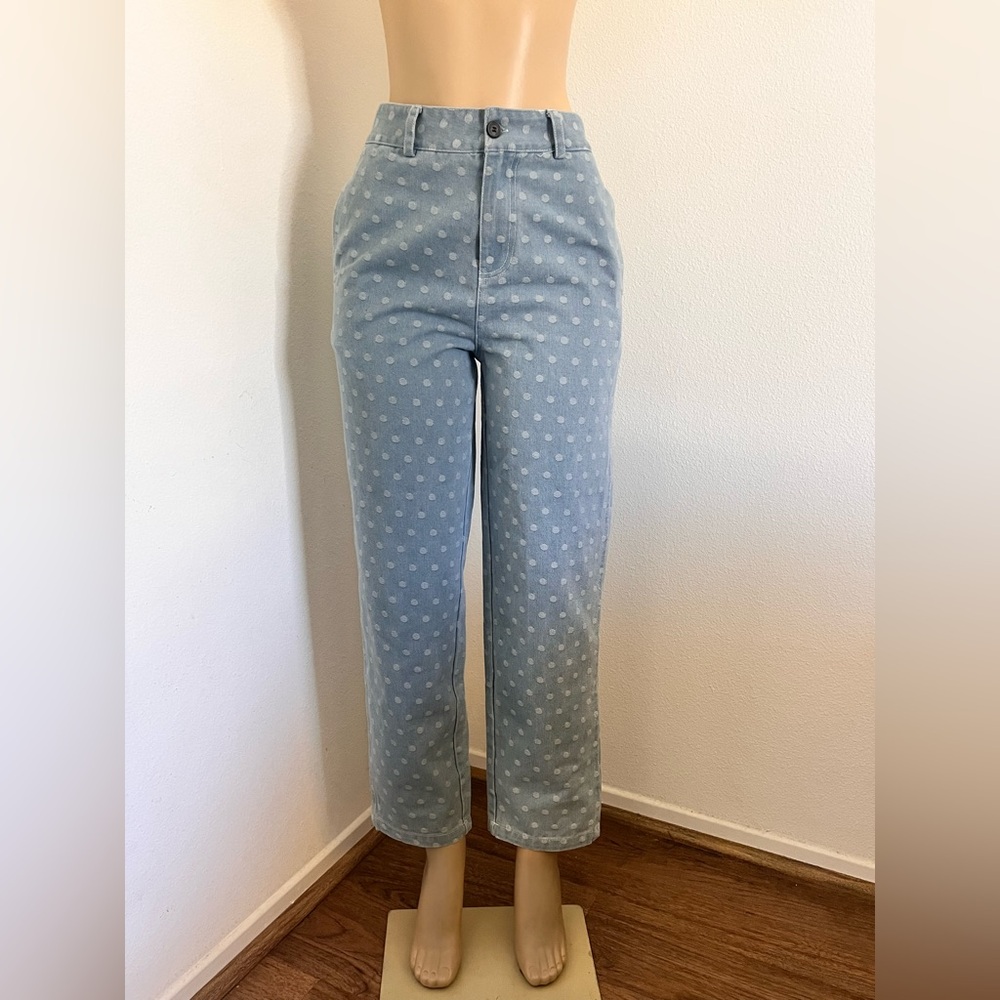 NWT See U Soon Polka Dot Jeans Light Blue High Waist Straight Leg Denim